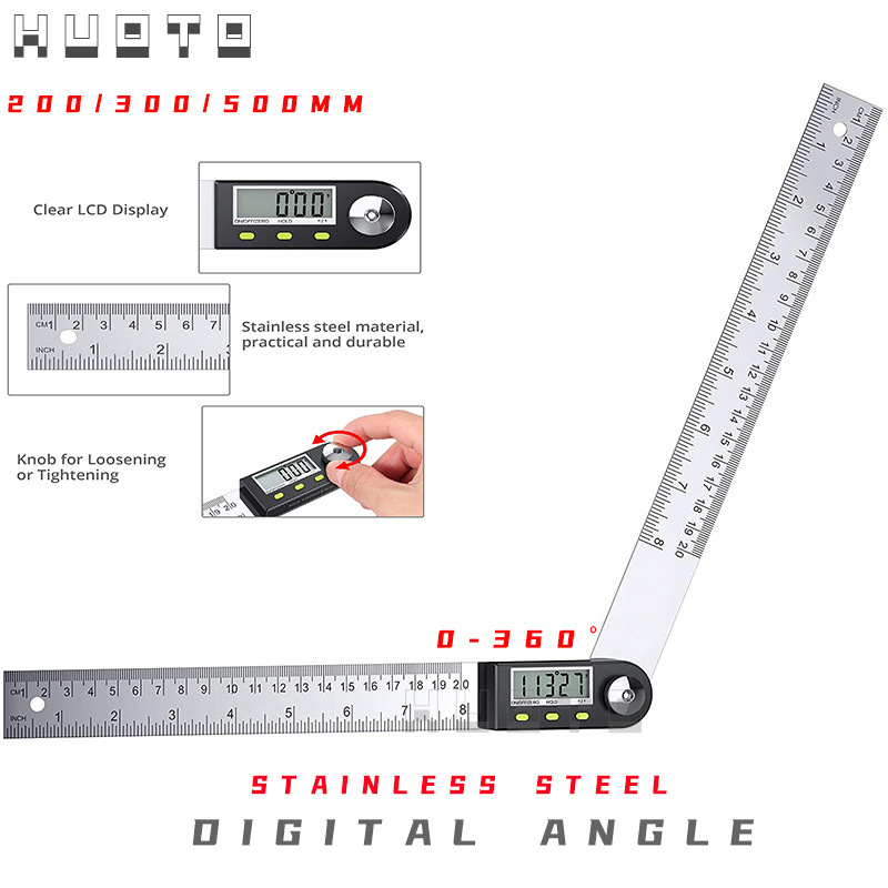 HUOTO 200mm不锈钢数显角度尺量角器木工尺角度测量仪水平尺360度