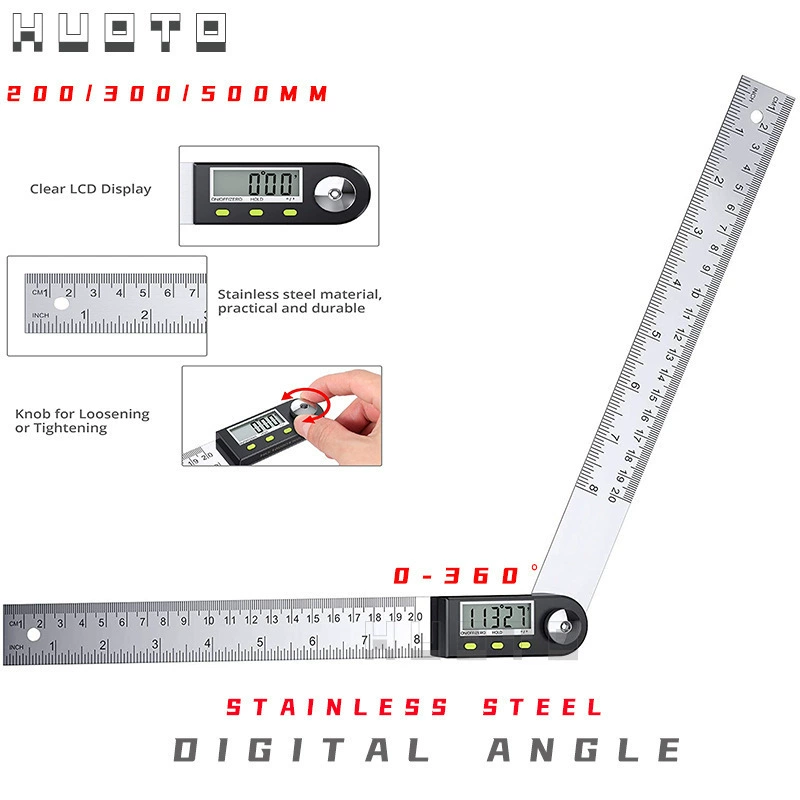 HUOTO 200 мм из нержавеющей стали цифровой угловой датчик транспортир деревообрабатывающая линейка угловой измерительный прибор уровень 360 градусов