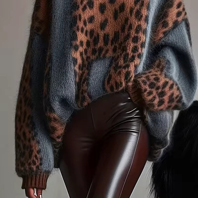Retro Style Leopard Print Color-Blocked High-Neck Loose Lazy Soft Long-Sleeve Knit Sweater for Women, Pullover, Loose Fit, Casual and Versatile