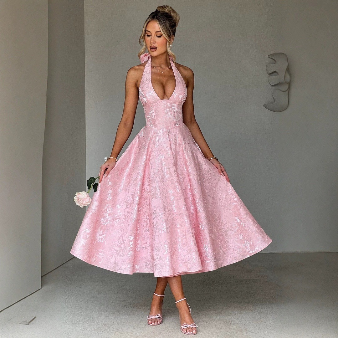 2025 New European and American Sexy Elegant Slim-fit Strapless Jacquard Butterfly Festival High Waist Dress Women's Solid Color dress