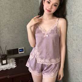 韩系设计感紫色蕾丝拼接吊带胸垫睡衣女2026夏季短裤家居服两件套