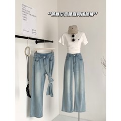 MILLAIDI凉感浅青広脚ジーンズ女性2025春夏新ソフトデニム高腰ゆるいストレートパンツ