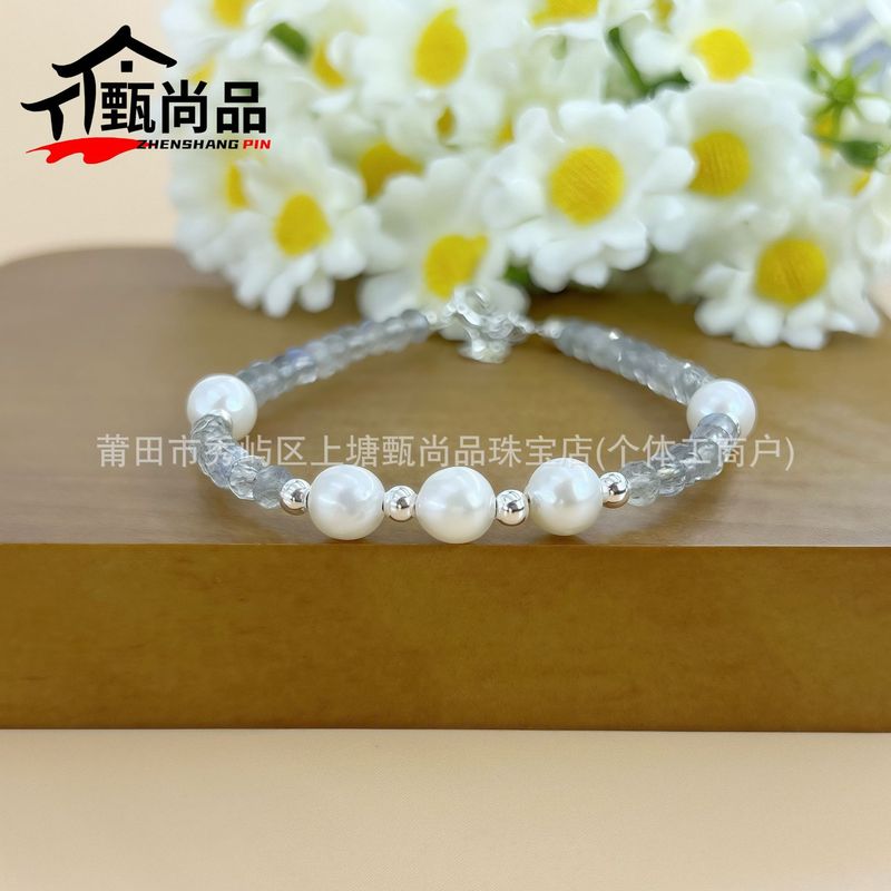 灰色月光石珍珠手串手工编织绳女款优雅单圈手链可延长白月光饰品|undefined