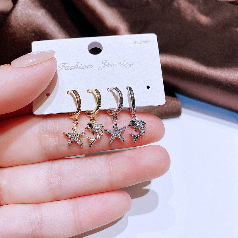 Cute Starfish Dolphin Small Ear Clip Gold Plated Zircon-Embedded Earrings