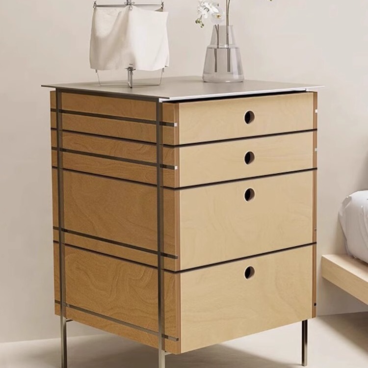 Birch Chest of Drawers, Simple Marine Board Sideboard, Four-Drawer Cabinet, Storage Cabinet, Multi-Layer Solid Wood Floor-Standing Stainless Steel Bar Cabinet