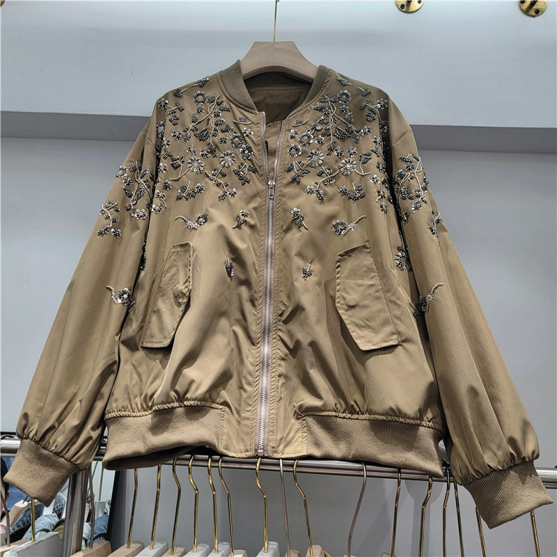 2026 primavera nueva dulce de moda chica cuentas plateadas bordadas flores sueltas chaqueta de abrigo corto