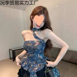 复古气质油画蝴蝶印花显瘦荷叶边立体花围脖上衣百搭女夏