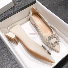 粗跟高跟鞋女2025新款春秋天软皮水钻方扣黑色通勤气质单鞋3cm