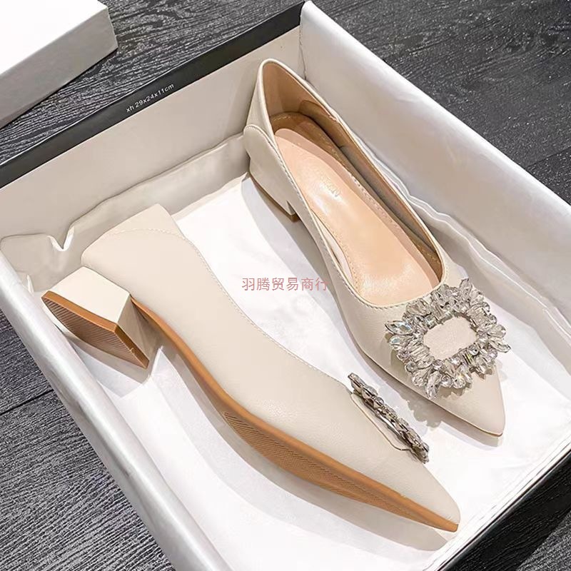 粗跟高跟鞋女2025新款春秋天软皮水钻方扣黑色通勤气质单鞋3cm