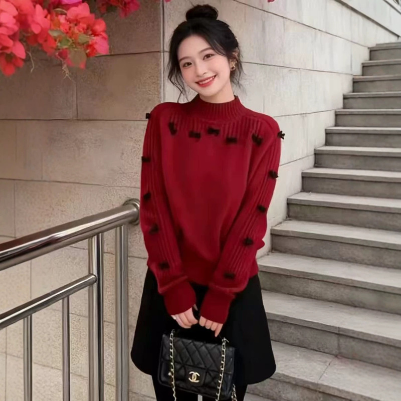 Women's Bowknot Half-Turtleneck Sweater, 2026 Autumn/Winter New Fashionable Knitwear, Base Layer Sweater Top