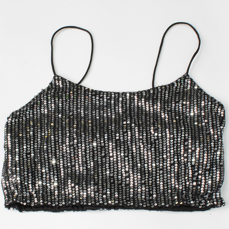 Women Clothing Autumn Sexy Cropped Backless Strap Top Sequined Slim Fit Hip Skirt Set