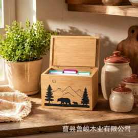 跨境木质食谱盒翻盖食谱卡菜单收纳盒带手机支架便签名片盒存钱罐