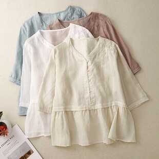 Korean Fashion V-Neck Ramie Shirt for Women 2025 Summer New Loose Versatile Casual Embroidered Top Trendy