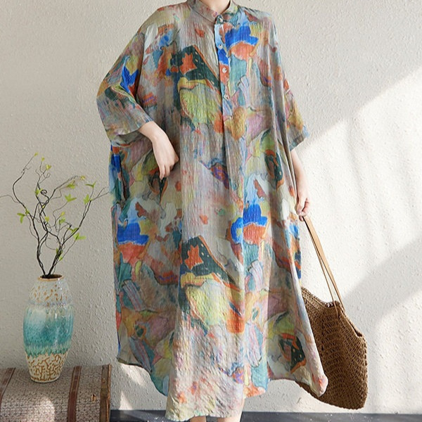 100kg New Season Style Elegant Artistic Retro Cotton and Linen Printed Stand-Collar Loose Oversized Vacation Dress