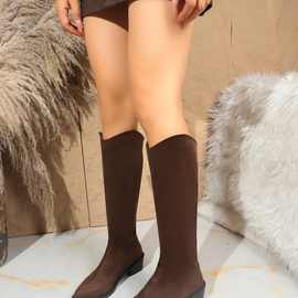 复古棕色长筒靴女冬季年新款后拉链不过膝粗跟瘦瘦靴子