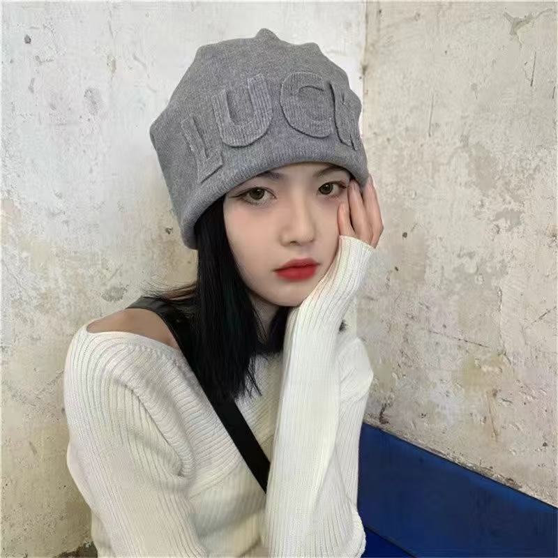 秋冬女士帽子堆堆帽字母冷帽百搭套头帽显脸小包头贴布护耳针织帽|undefined