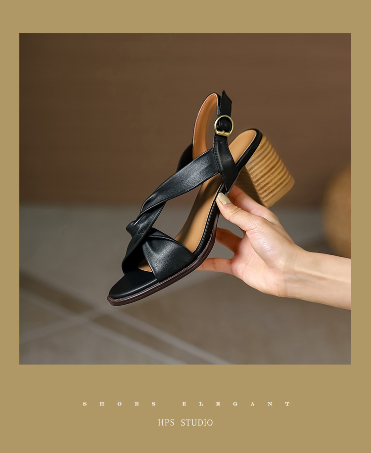 Sandal cao gót nữ da thật hở mũi quai ngang gót dày retro — Màu nâu chi tiết 1