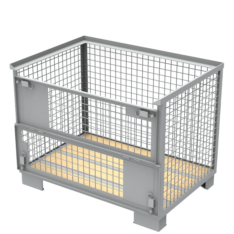 欧式网格料箱 实木底板三面围栏一侧面开门固定式钢制堆垛铁箱