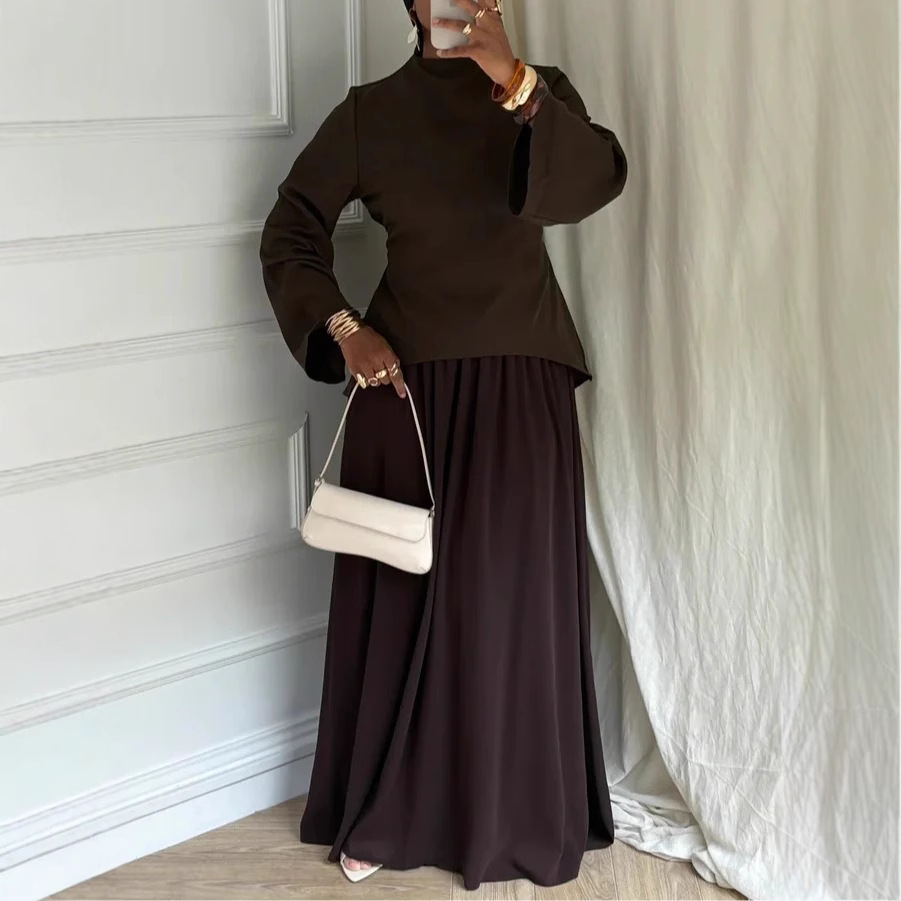 2025 European and American Clothing Amazon Pure Color Long-Sleeved Top Bottoming Shirt + Long Skirt Lined Skirt Two-Piece Set