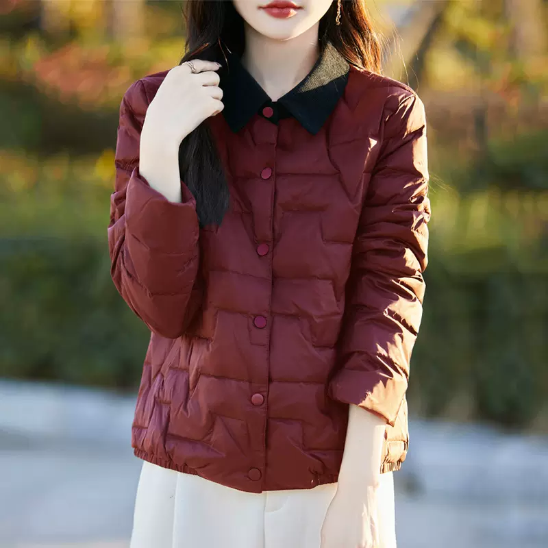 批发春秋季跨境新款女士衬衣领羽绒服撞色长袖多扣显瘦保暖女上衣