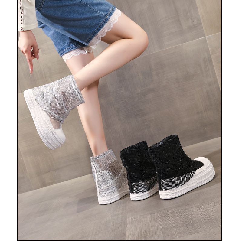 Boot cổ thấp nữ đế dày tăng chiều cao, lưới thoáng khí đính đá rhinestone — màu đen, màu trắng chi tiết 16