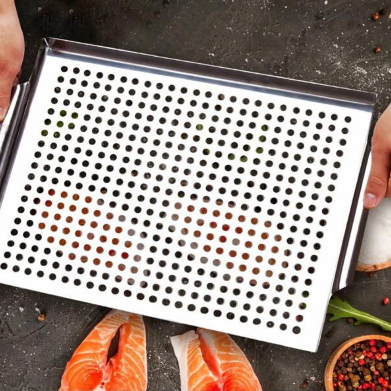 Los fabricantes producen acero inoxidable barbacoa cuenca freír cuenca herramientas de barbacoa rectangular hornear Cuenca con orejas freír Cuenca