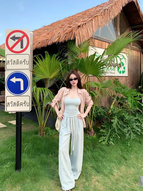 Resort Style Suit Polo Collar Long-Sleeved Shirt Women's Summer Blue Camisole Straight Wide-Leg Pants Three-Piece Set