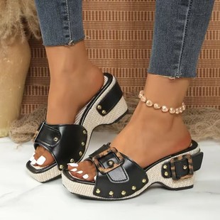 2025 Cross-Border Export Large Size Women's Summer New Thick Heel Buckle Metal Buckle Slippers One-Strap Beach Sandals