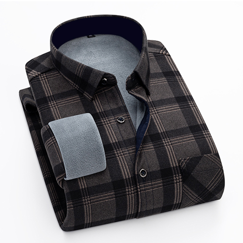 冬季新款男士长袖加绒保暖格子中老年条纹衬衫休闲衬衣爸爸加厚外