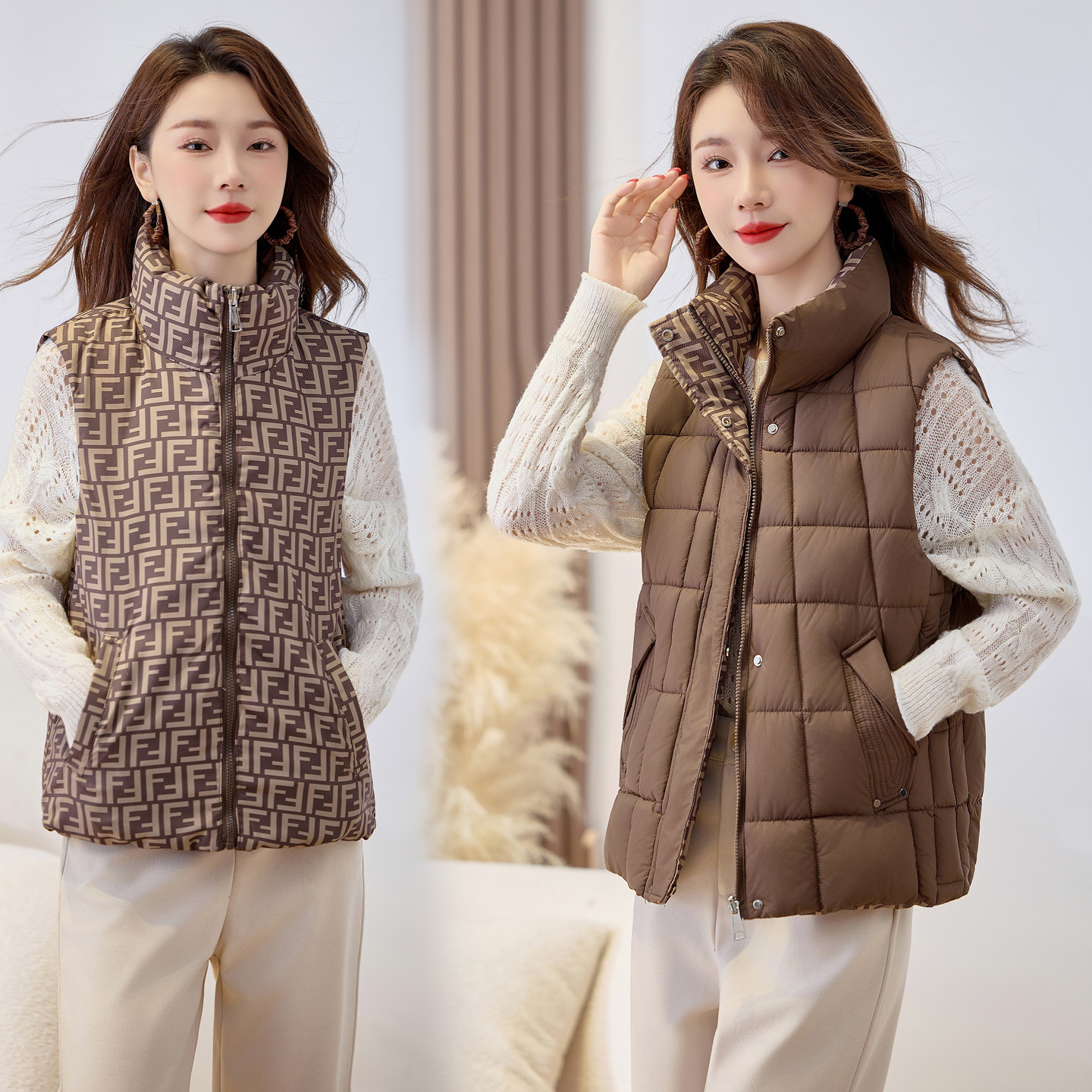 Los dos lados usan un chaleco de algodón de plumón de estilo europeo y americano, chaleco de invierno corto de 2025 con cuello vertical, chaqueta gruesa de hombro de mediana edad image 9