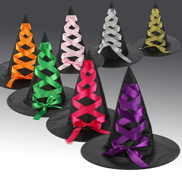 European and American Halloween Strap Witch Hat Black Oxford Cloth Wizard Hat Party Festival Pointed Wide-brimmed Hat