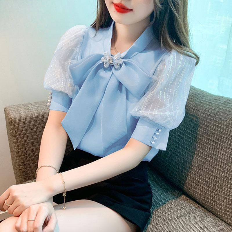 雪纺短袖衬衫女士夏季减龄洋气小衫2025新款爆款恤衫泡泡袖上衣|undefined