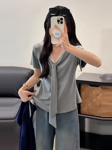 Plus Size Pure Lust Style V Neck Lace Splicing Short-Sleeved T-Shirt for Women in Summer Slightly Fat mm Slimming Look Fashionable Elegant Slimming Look Top