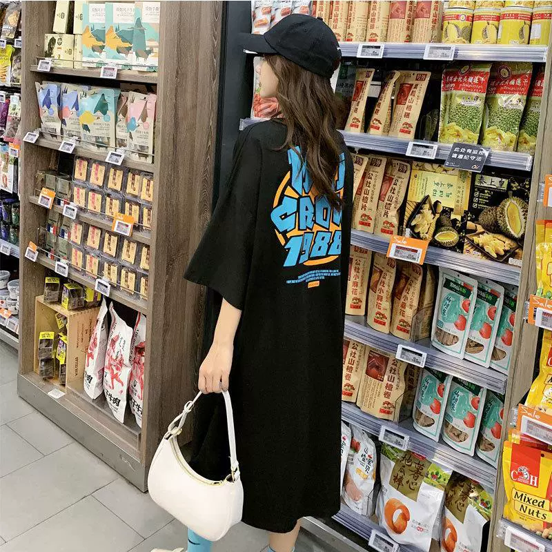 2023夏季韩版字母宽松短袖t恤女学生休闲印花上衣连衣裙大码女装