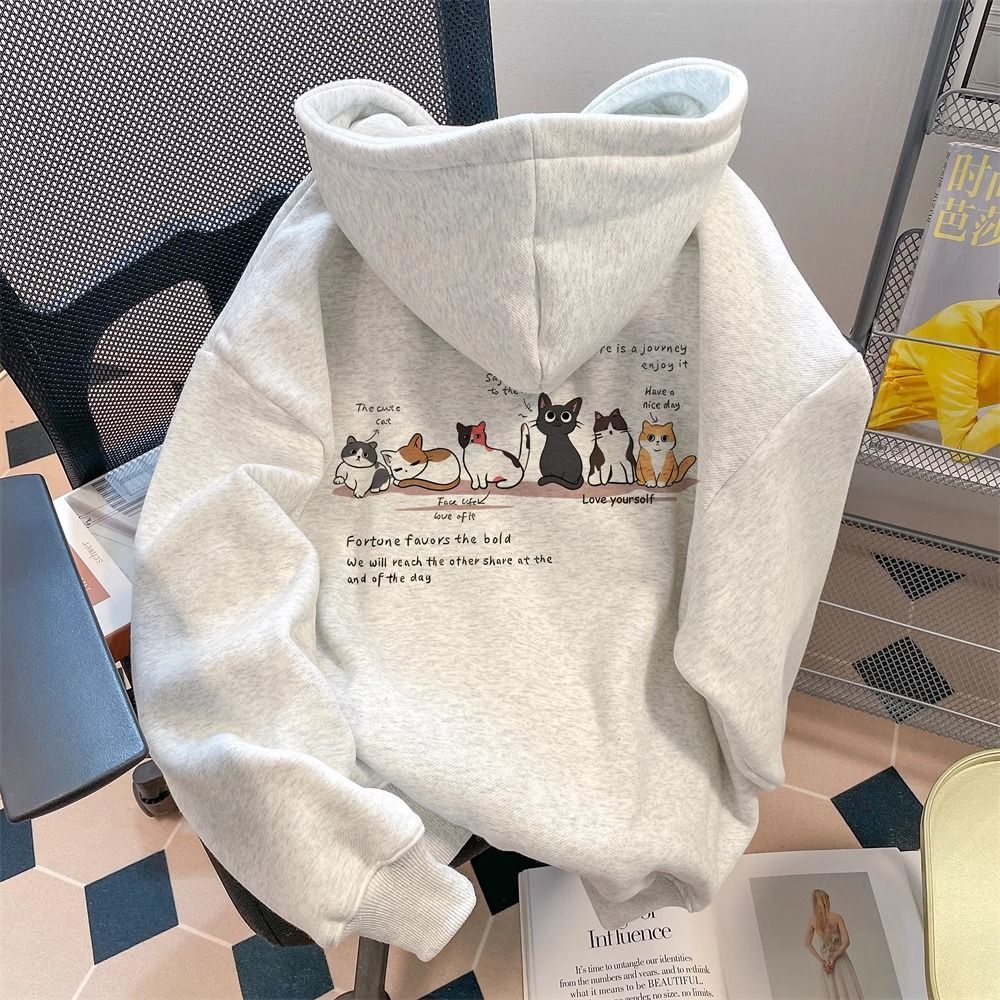 银狐绒港风可爱猫咪印花连帽卫衣情侣款ins秋冬季宽松百搭上衣女