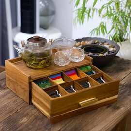 跨境抽屉式木质茶包收纳盒木质咖啡胶囊分格储物盒桌面茶叶储物盒