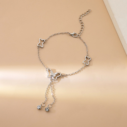 Korean Style Hollow Butterfly Diamond-encrusted Girly Tassel Anklet for Women Internet Celebrity Rose Gold Anklet