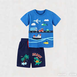 源头工厂童装欧美风时尚卡通印花男童短裤套装针织棉中小童两件套