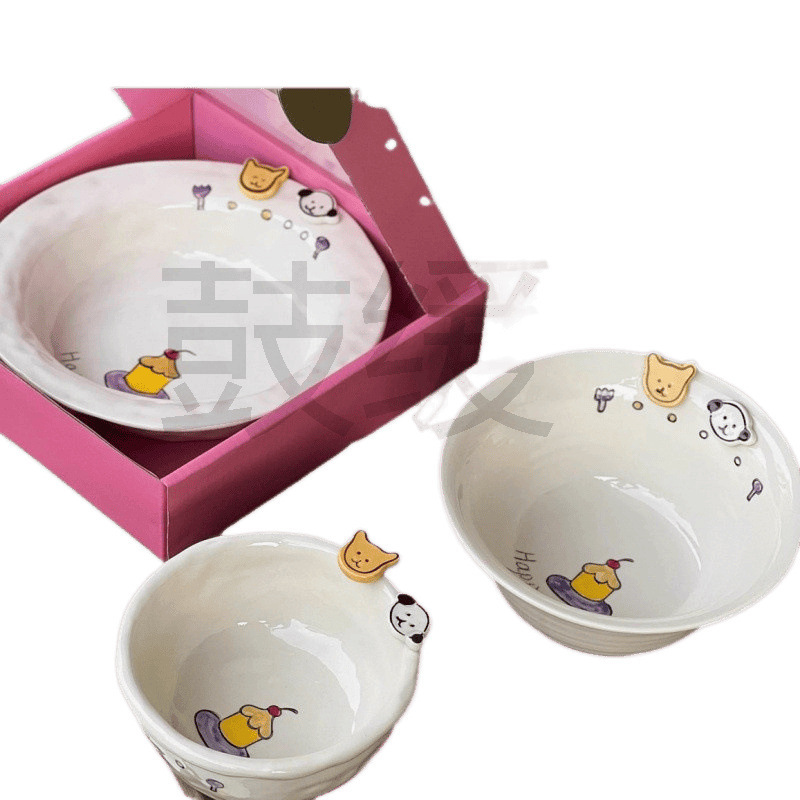 碗手绘小狗碗宠物水果碗家用饭碗韩纽扣LL深早餐卡通陶瓷釉包邮|undefined