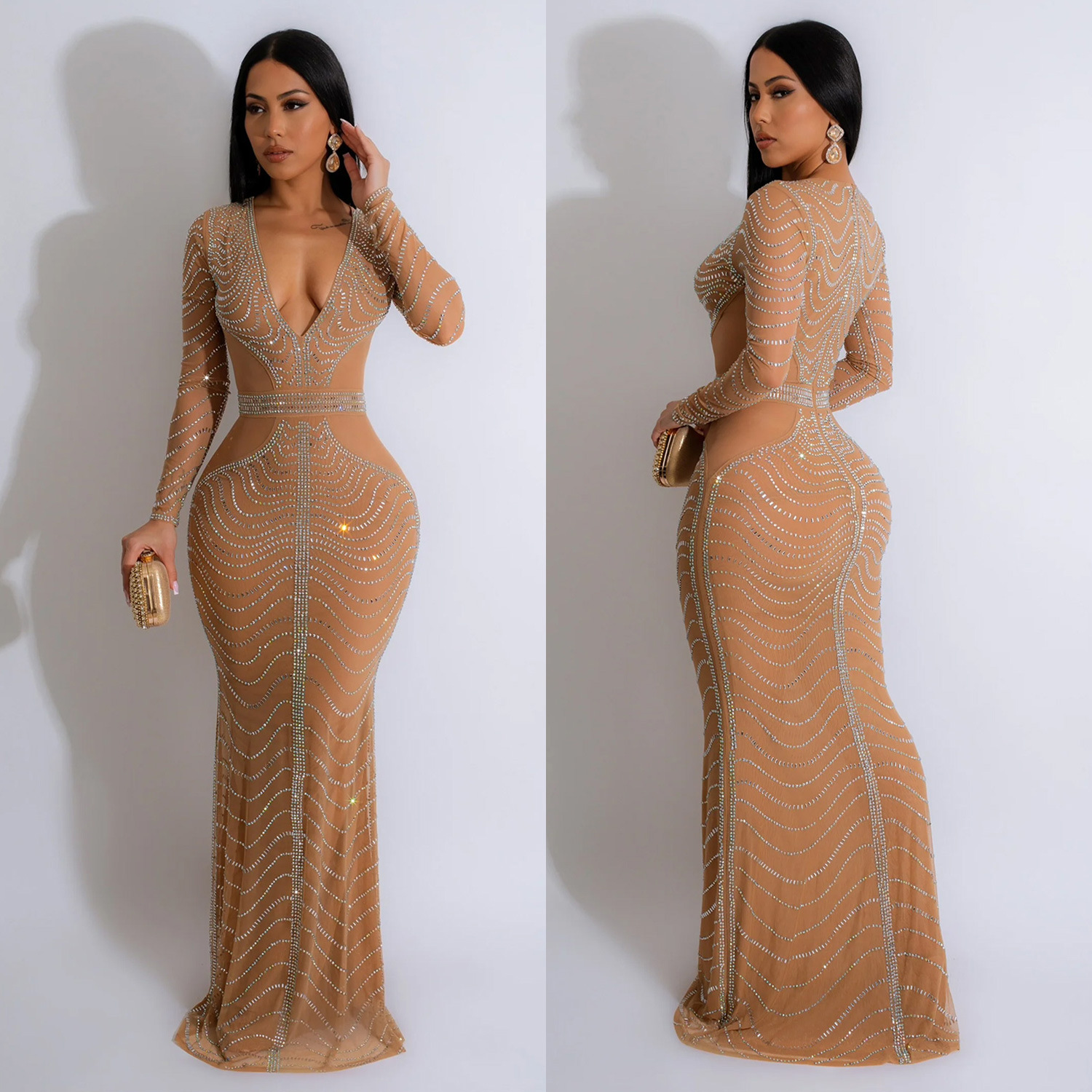 C6832 transfronterizo AliExpress Amazon moda europea y americana de las mujeres de color sólido vestido de malla rhinestone vestido