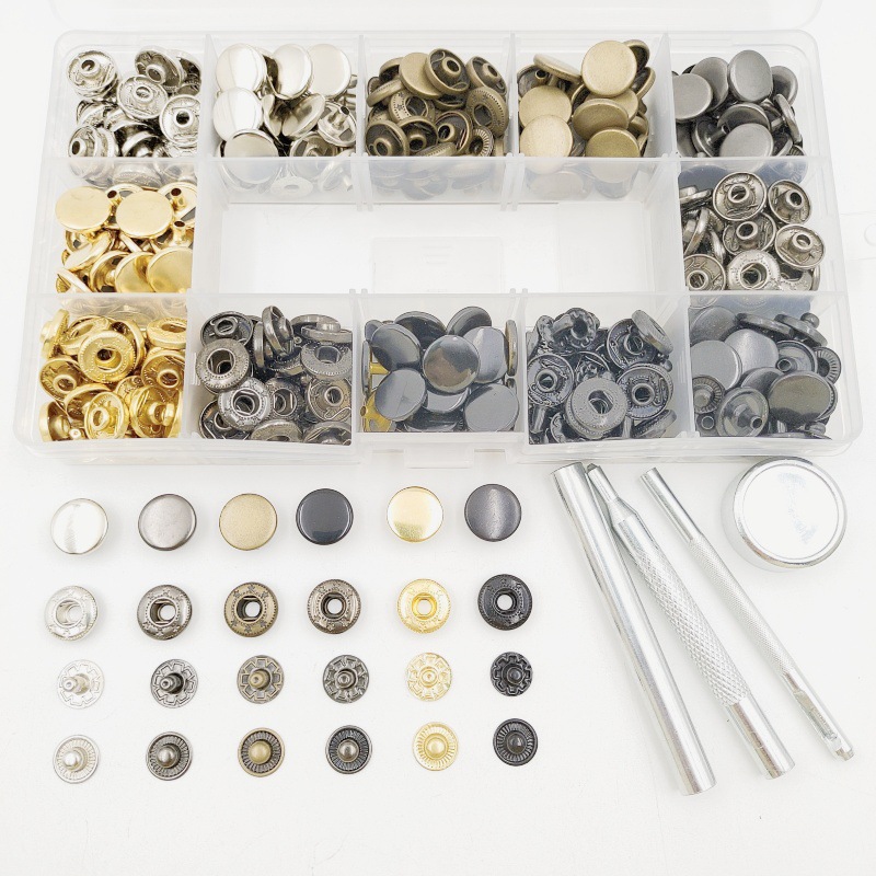 120 sets 12.5mm633 hebilla de cuatro juntas botón de metal de cobre + herramienta de instalación botón redondo oscuro Botón de uñas sin costuras