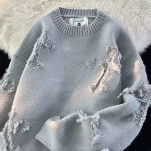 Autumn and Winter ripped sweater men's round neck pullover fashion brand High Street American Retro Japanese youth sweater