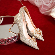 水晶婚鞋女2023年新款金色秀禾主婚纱两穿伴娘高跟不累脚新娘鞋