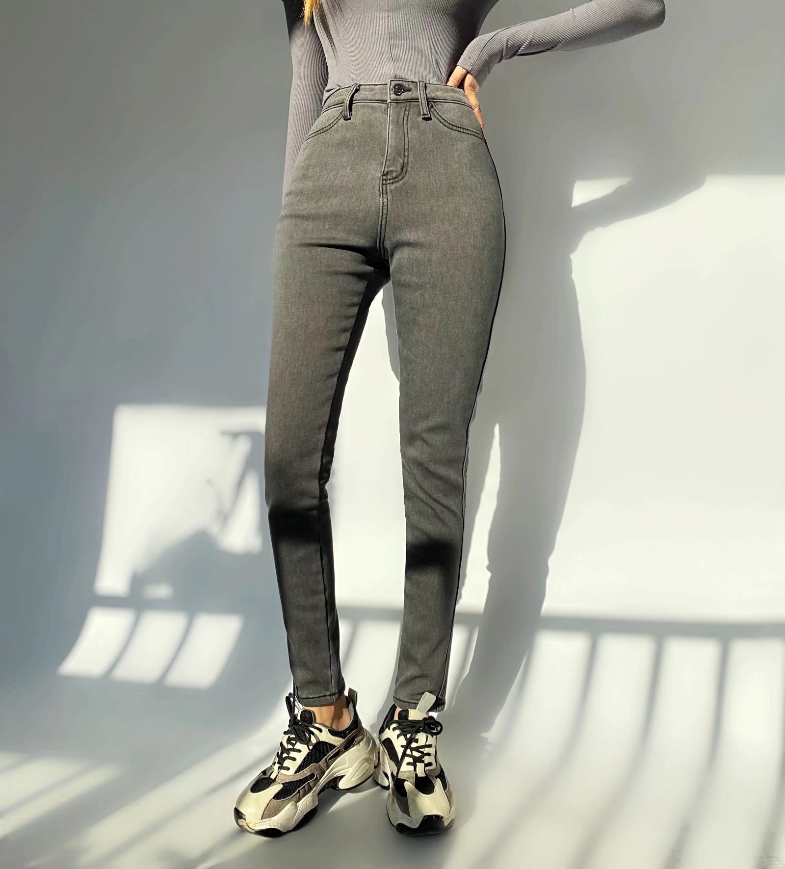 辣妹秋冬加厚加絨彈力牛仔褲高彈力修身小腳褲鉛筆褲女長褲