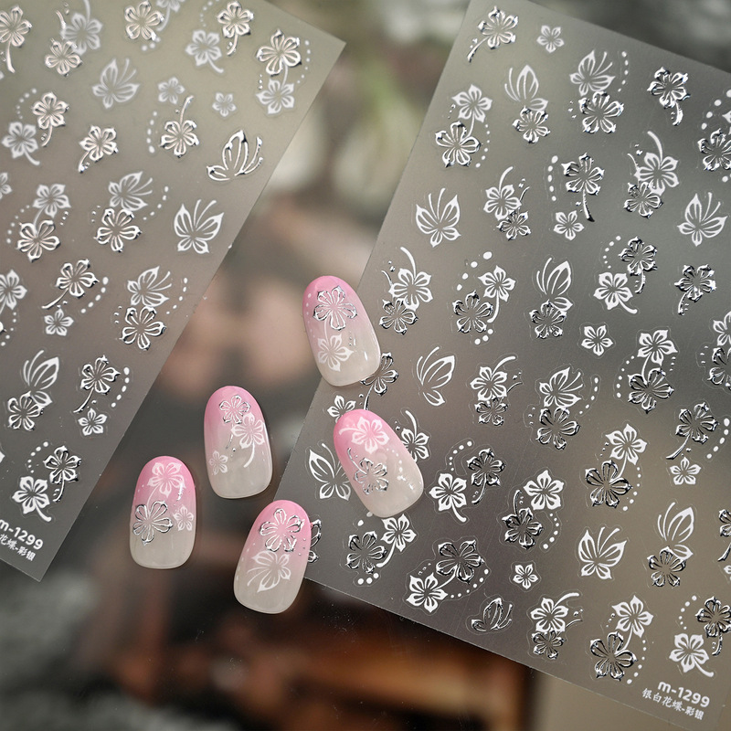Minimalist Japanese-Style Cherry Blossom Nail Stickers M1299 Versatile Ins-Style Silver White Flower Butterfly Nail Stickers