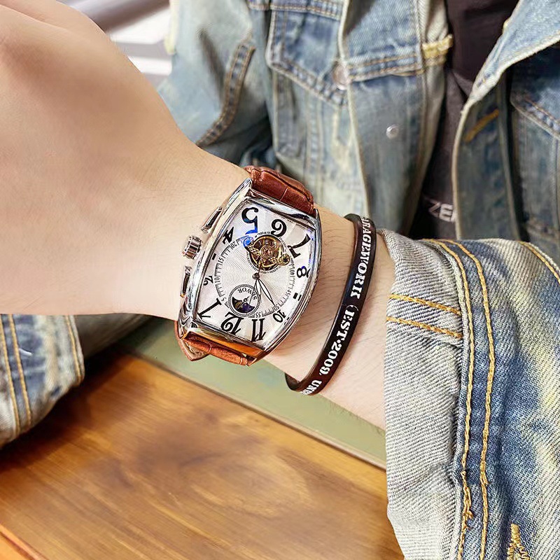 SEWOR reloj mecánico automático para hombre tipo barril cinturón inferior transparente hueco reloj para hombre reloj de personalidad de Vidrio Curvo