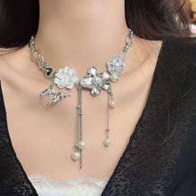 甜酷玫瑰花朵流苏项链女法式小众设计感高级轻奢个性辣妹颈链潮