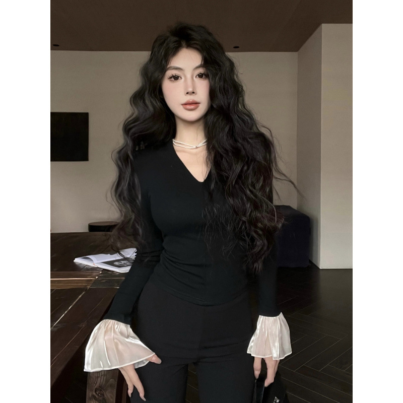冬季辣妹风v领拼接喇叭袖紧身加绒内搭垫肩打底衫长袖T恤女上