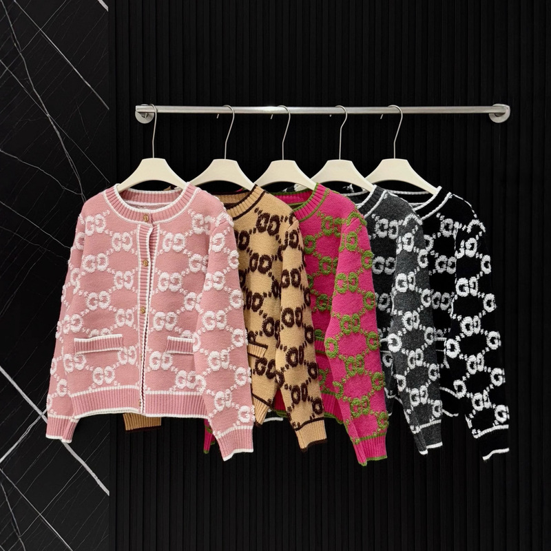 Nanyou Classy Round Neck Knitted Wool Cardigan Double Cg Flap Pocket Pants Metal Button Jacket Jacquard Sweater Women's Leopard Print