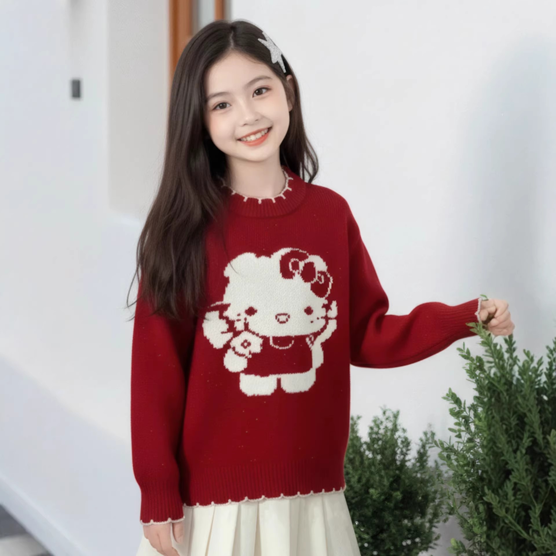 Girls' knitted sweater, new autumn and winter style, fashionable red New Year outfit, children's long-sleeved round neck top